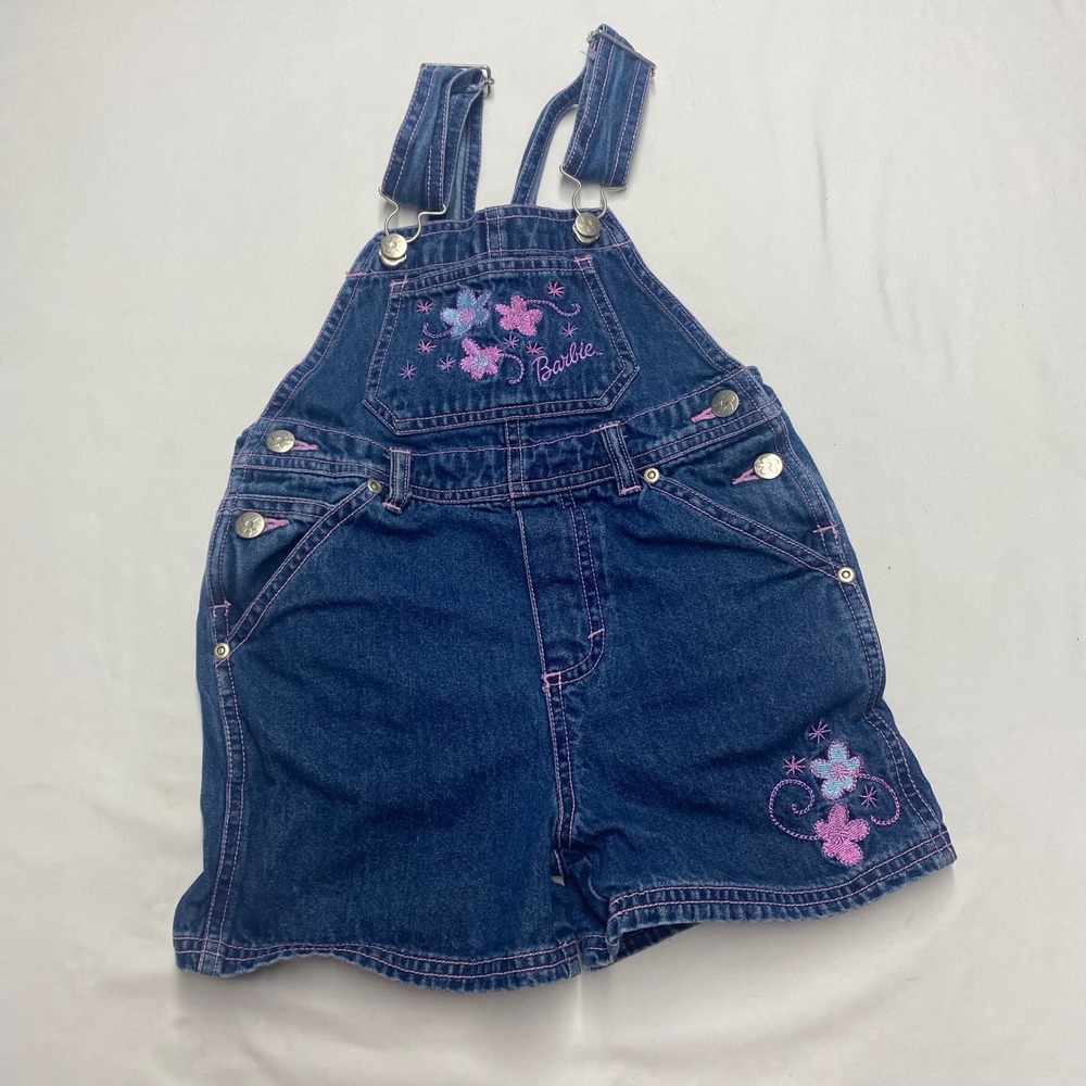 Vintage Barbie Girls Denim Shortalls Blue Floral Embroidered Pink Stitch 4/5